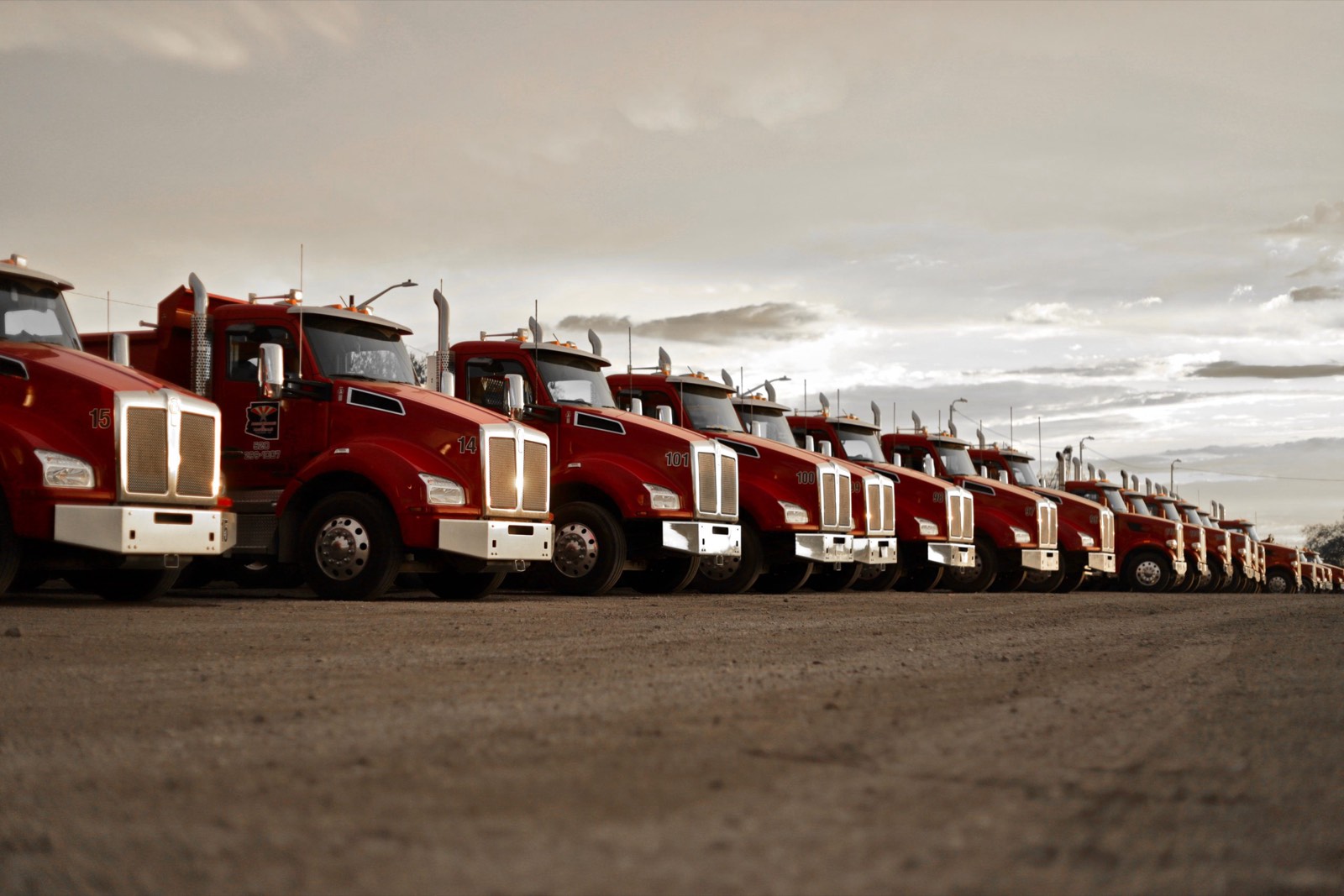 Arizona Trucking & Materials red truck fleet lined up at the Tucson yard